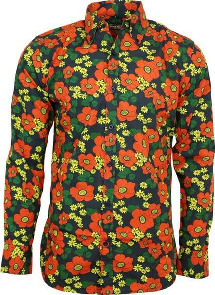 Run & Fly Mens Black Floral Poppy Print Long Sleeved Shirt 60s 70s Psychedelic